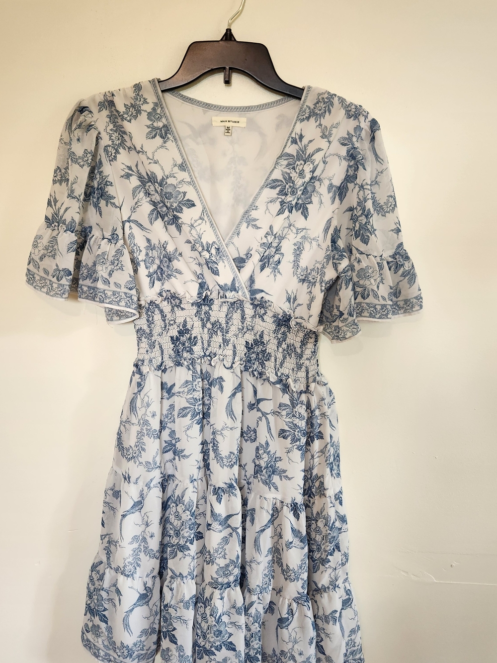 Max Studio Blue and White Floral V-Neck Smocked Dress